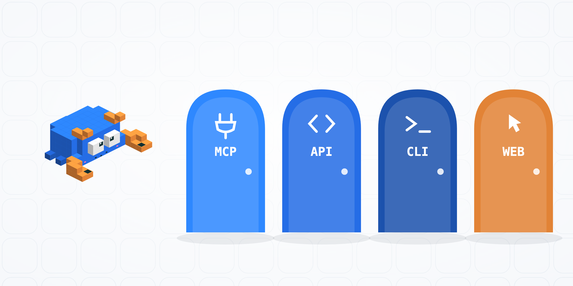 Pinch the voxel crab next to four doors labeled MCP, API, CLI and WEB, each with its own icon
