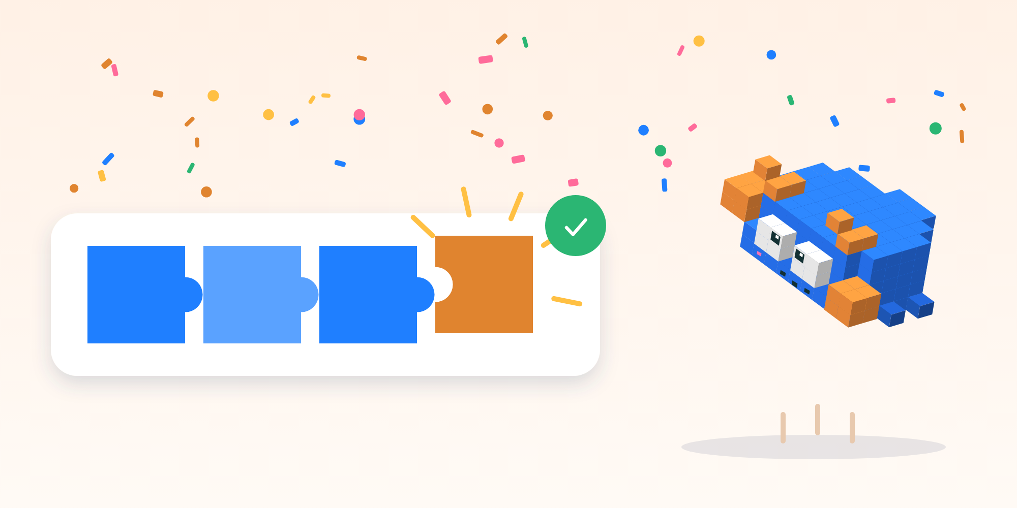 Pinch the Trawl lobster bouncing with joy under confetti as the last orange puzzle piece snaps into a row of blue pieces