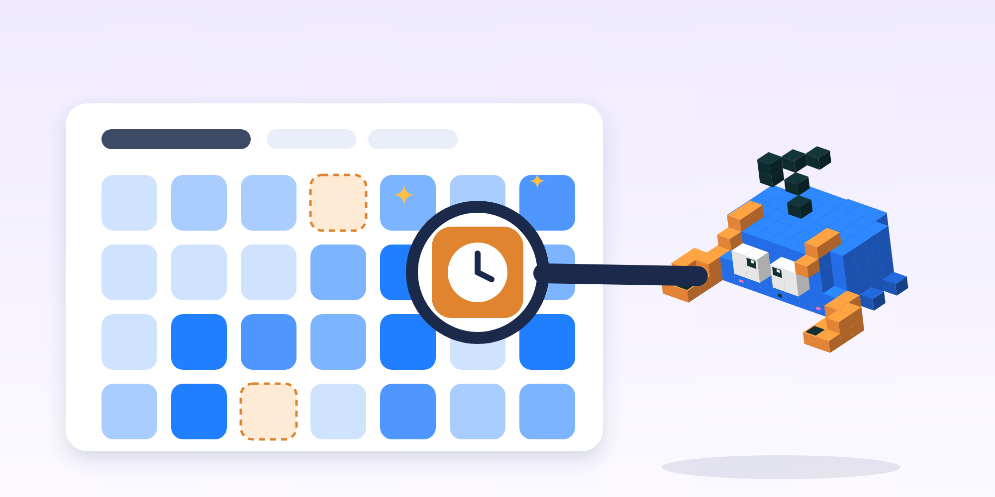 Pinch the Trawl lobster holds a magnifier over one orange day on a calendar of blue days; the lens shows a clock