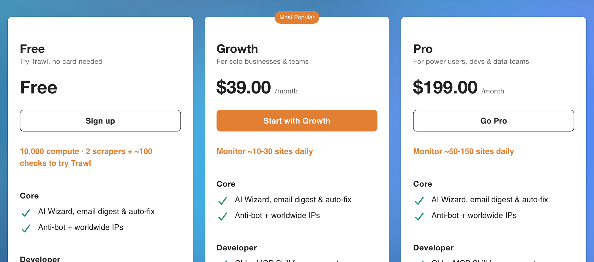 The Trawl pricing page: the Free plan with 10,000 compute, enough for 2 scrapers and about 100 checks, next to the Growth and Pro plans